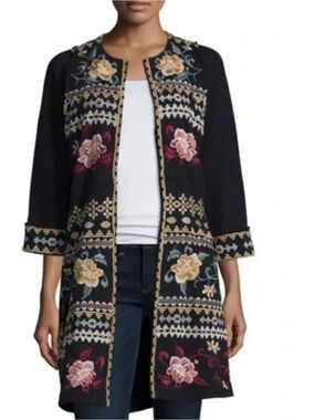 Johnny Was Black Embroidered Floral Open Front Coat
